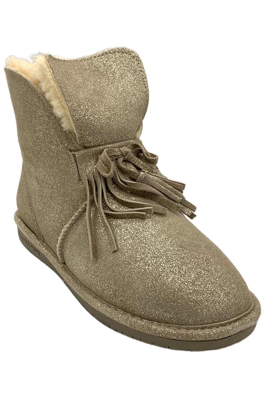 BEARPAW Women's Christie Suede Sheepskin Fringe Boot w NeverWet Pewter - Wide